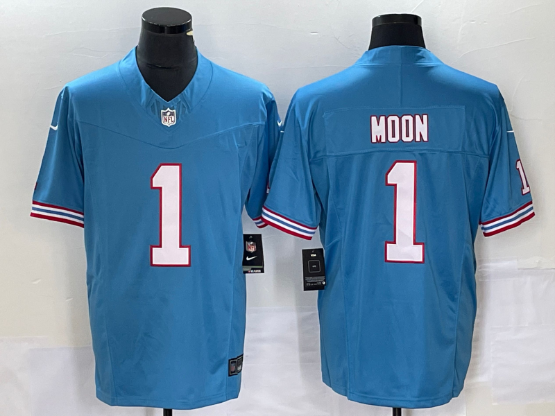 Men's Tennessee Titans Warren Moon #1 Light Blue Oilers Throwback Retired Jersey